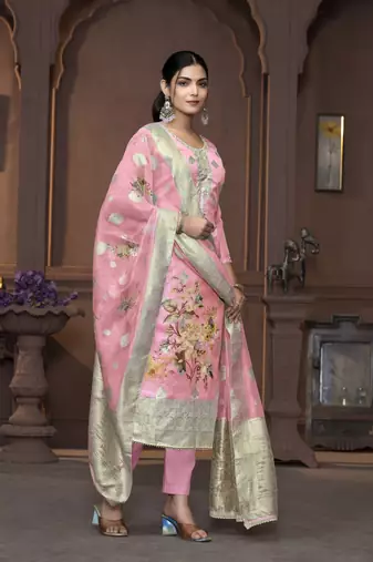 Women's pink handwork banarasi dupatta viscose organza dress material