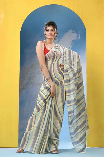 Multicolour Cotton Check Handloom Saree Without Blouse