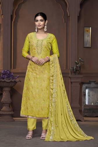 Women's light green unstitched sequence work viscose organza dress material 