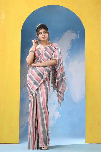 Multicolour Cotton Check Handloom Saree Without Blouse