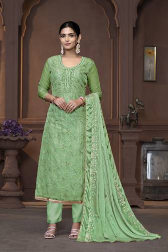 Women's sea green unstitched sequence work viscose organza dress material 