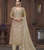 Women's beige unstitched sequence work viscose organza dress material 