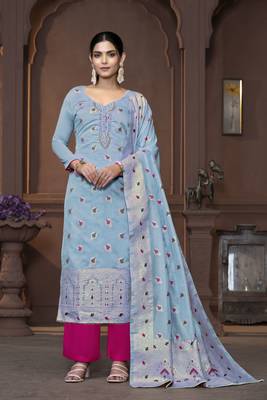Women's sea green handwork border maslin banarasi cotton dress material 1