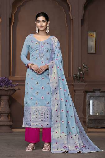 Women's sea green unstitched handwork border maslin banarasi cotton dress material 