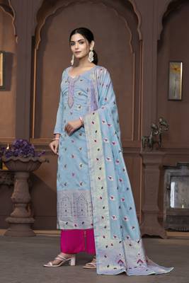 Women's sea green handwork border maslin banarasi cotton dress material 2