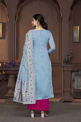 Women's sea green handwork border maslin banarasi cotton dress material 3