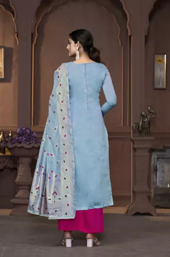 Women's sea green handwork border maslin banarasi cotton dress material
