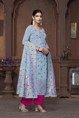 Women's sea green handwork border maslin banarasi cotton dress material 4