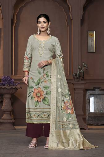 Women's grey unstitched handwork and border cembric cotton dress material 