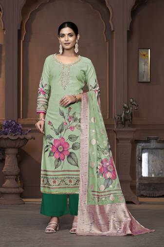 Women's light green unstitched handwork and border cembric cotton dress material 