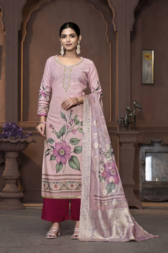 Women's peach unstitched handwork and border cembric cotton dress material 