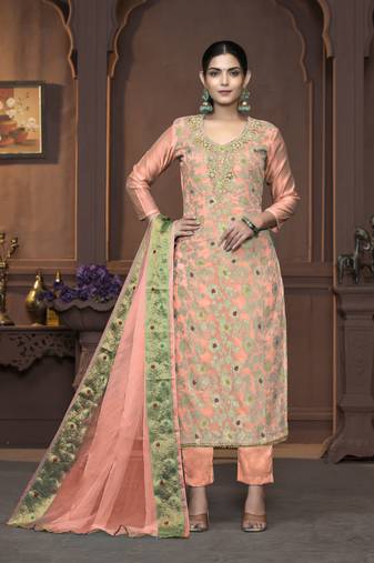Women's peach unstitched handwork and border maslin banarasi cotton dress material 