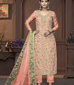 Women's peach unstitched handwork and border maslin banarasi cotton dress material 