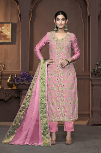 Women's pink unstitched handwork and border maslin banarasi cotton dress material (m-msmfc11400c)