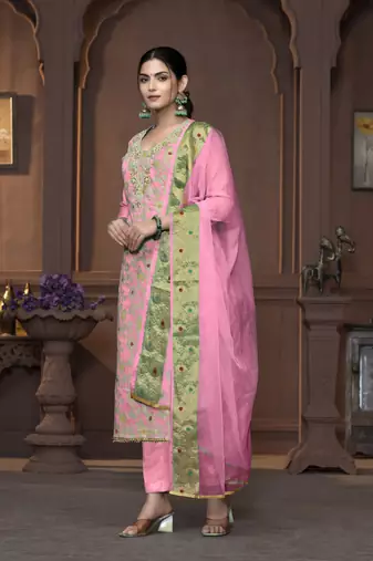 Women's pink handwork and border maslin banarasi cotton dress material