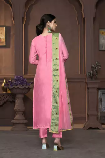Women's pink handwork and border maslin banarasi cotton dress material