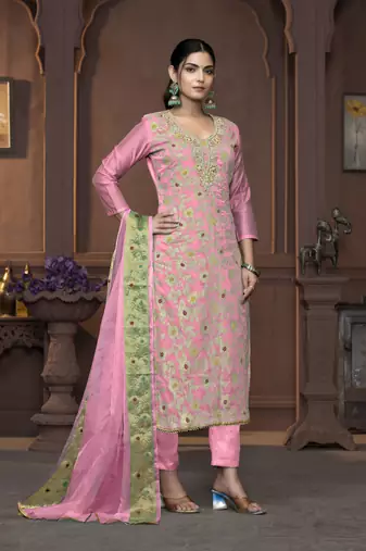 Women's pink handwork and border maslin banarasi cotton dress material