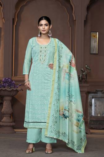 Women's sea green unstitched heavy neck handwork modal cotton dress material 