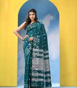 Pine green cotton handloom saree with running blouse piece