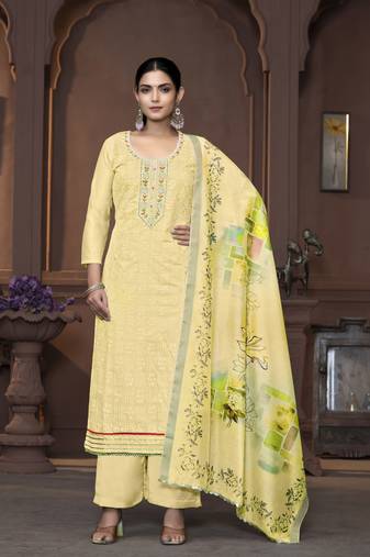 Women's yellow unstitched heavy neck handwork modal cotton dress material 