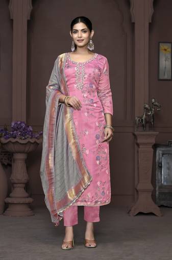 Women's pink unstitched heavy neck handwork organza jacquard dress material 