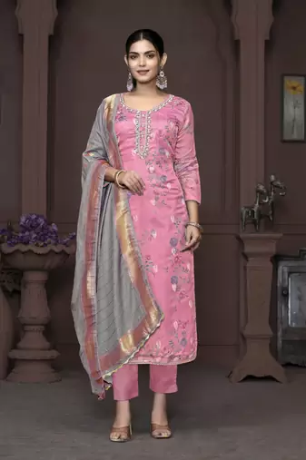 Women's pink unstitched heavy neck handwork organza jacquard dress material 