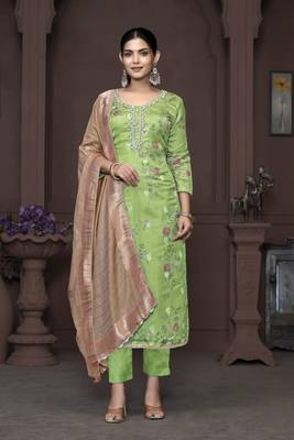 Women's green heavy neck handwork organza jacquard dress material 1