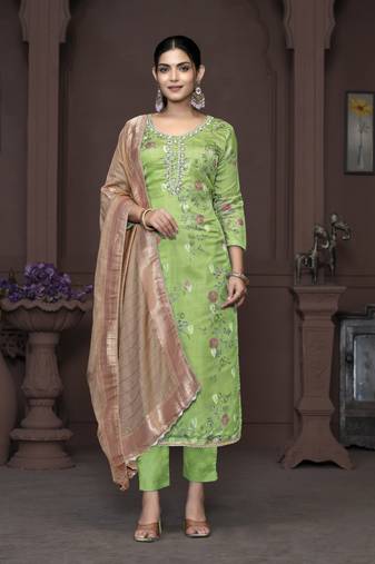 Women's green unstitched heavy neck handwork organza jacquard dress material 