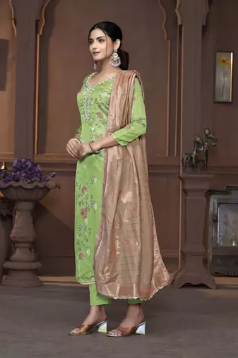 Women's green heavy neck handwork organza jacquard dress material