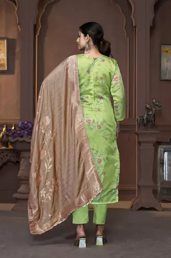 Women's green heavy neck handwork organza jacquard dress material