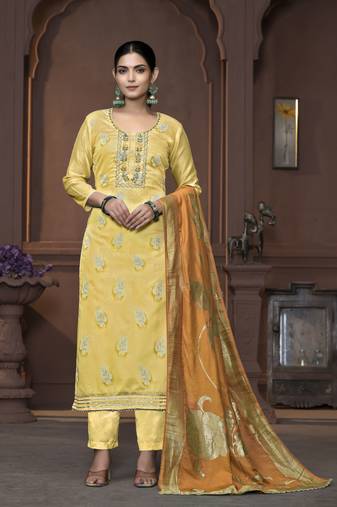 Women's yellow unstitched handwork and border modal cotton dress material 