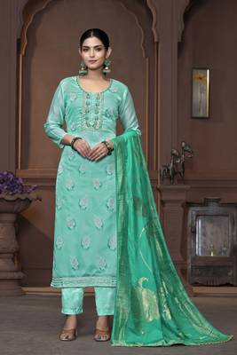 Women's sea green handwork and border modal cotton dress material 1