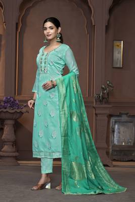 Women's sea green handwork and border modal cotton dress material 2