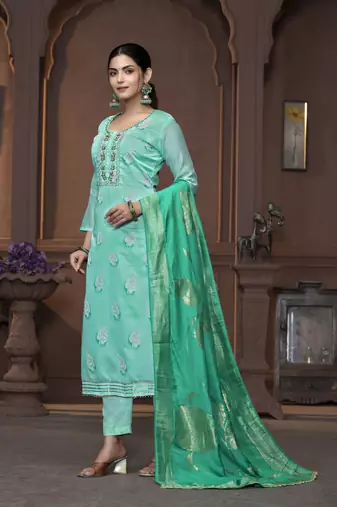 Women's sea green handwork and border modal cotton dress material