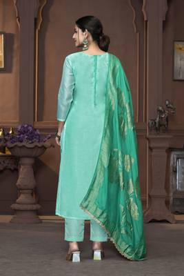Women's sea green handwork and border modal cotton dress material 3