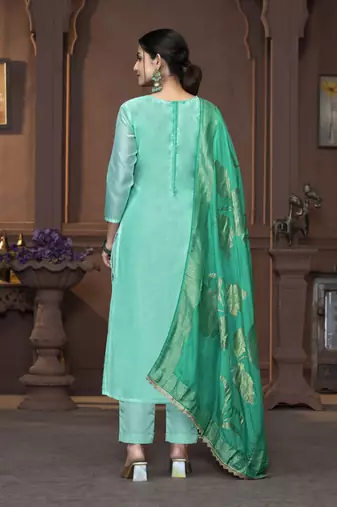 Women's sea green handwork and border modal cotton dress material