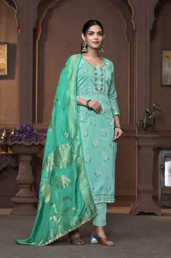 Women's sea green handwork and border modal cotton dress material