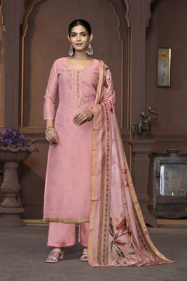 Women's pink handwork and border modal cotton dress material 1