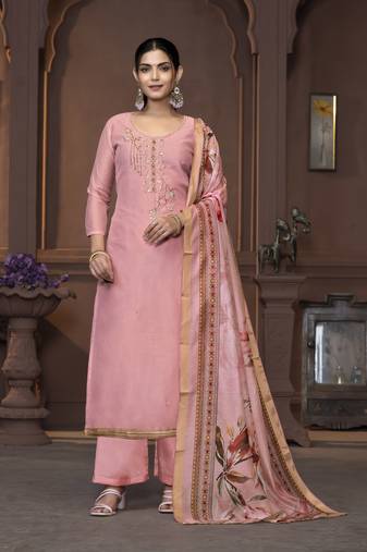 Women's pink unstitched handwork and border modal cotton dress material 