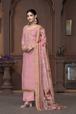 Women's pink handwork and border modal cotton dress material 2