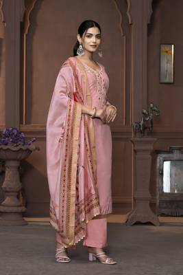 Women's pink handwork and border modal cotton dress material 4
