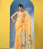 Blonde yellow cotton handloom jamdani saree with running blouse piece