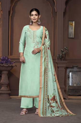 Women's sea green unstitched handwork and border modal cotton dress material 