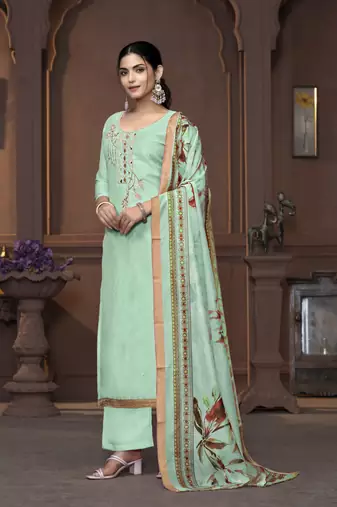 Women's sea green handwork and border modal cotton dress material