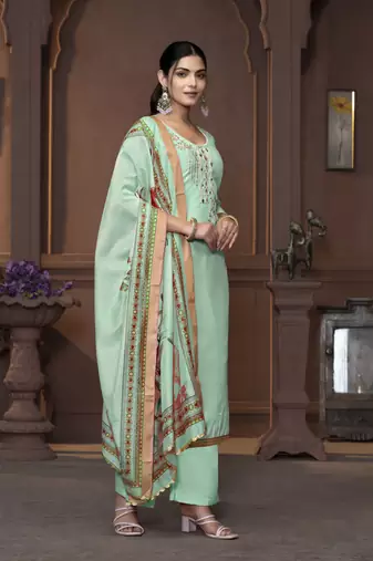 Women's sea green handwork and border modal cotton dress material