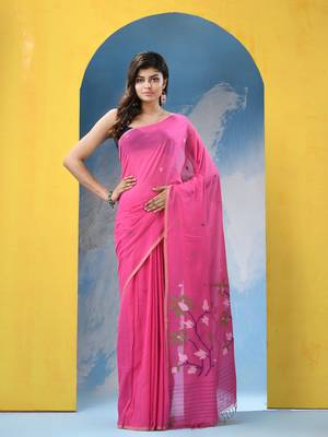 Hot pink cotton handloom jamdani saree with running blouse piece 1