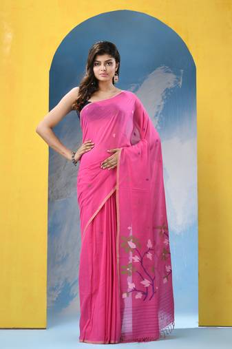 Hot pink cotton handloom jamdani saree with running blouse piece