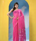 Hot pink cotton handloom jamdani saree with running blouse piece