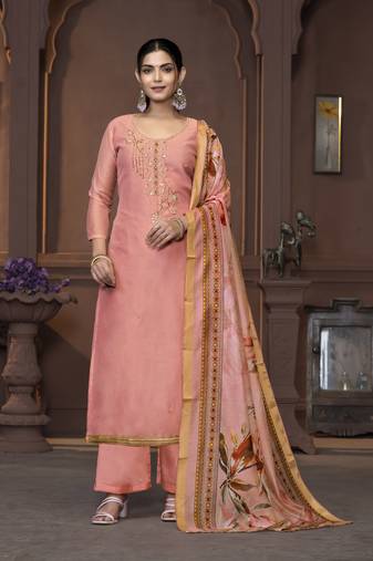 Women's peach unstitched handwork and border modal cotton dress material 