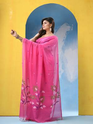 Hot pink cotton handloom jamdani saree with running blouse piece 3